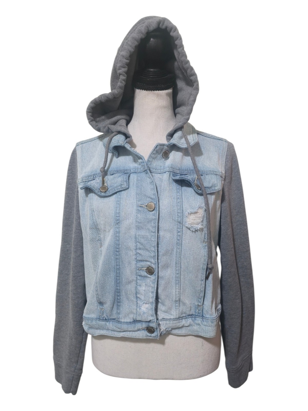 Hollister Hybrid Denim Jean Jacket Gray Hoodie Sleeves Y2K Retro Trucker Wom Med